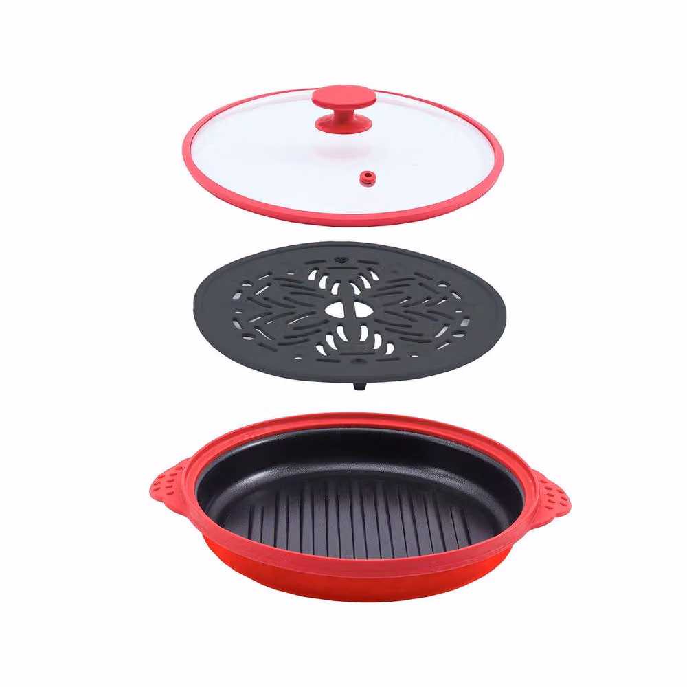 Basilico Red Multicolour Microwave Multi-Cooker with Steamer Pad, Non-Stick Base and Glass Lid – 2