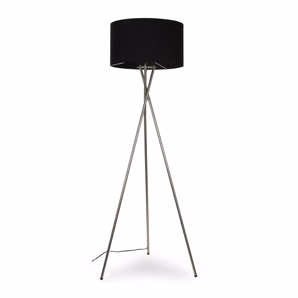 ValueLights Camden Modern Polished Chrome Tripod Floor Lamp with Black Fabric Cylinder Shade and 6W Warm White LED Bulb, H 154 cm – 2
