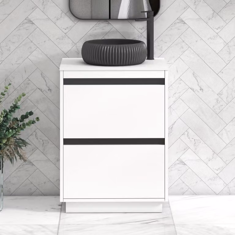 Royal Bathrooms Orion 600mm Matt White Floor Standing 2 Drawer Vanity Unit with Milan Black Basin and Black Accent Trim