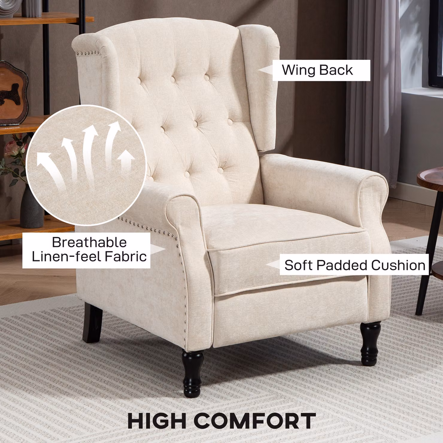 HOMCOM Beige Vintage Reclining Armchair with Integrated Footrest and Ottoman – 4