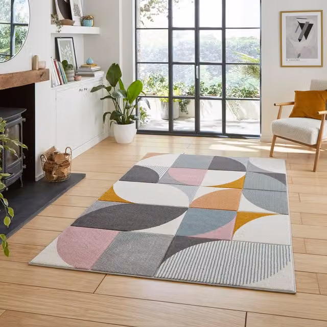 Terrys Modern Geometric Rectangular Living Room Rug in Grey and Multicolour