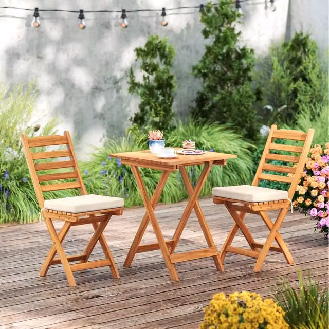 COSTWAY Brown Acacia Wood Outdoor Bistro Set with Folding Square Table and Three Chairs