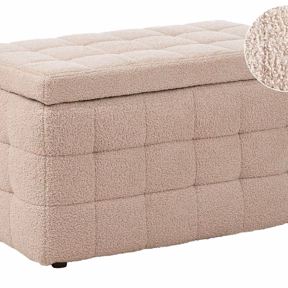 Wyld and Coco Beige Bouclé Button-Tufted Storage Ottoman Bench – 2