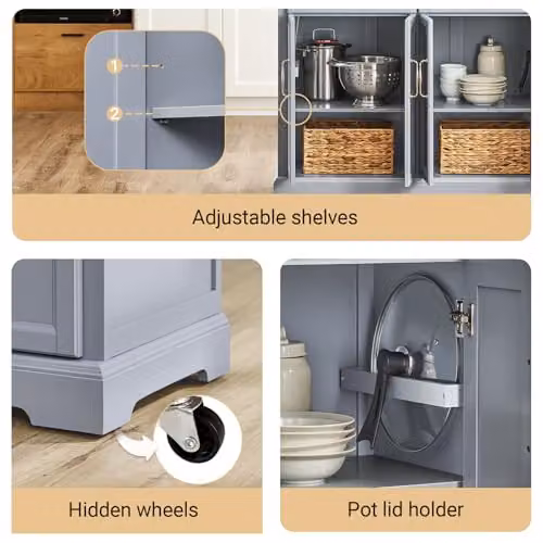 SoBuy Rolling Kitchen Island Storage Trolley with Extendable Rubber Wood Worktop and Drawers, Grey, W: 115 cm, D: 46-71 cm, H: 92 cm – 3