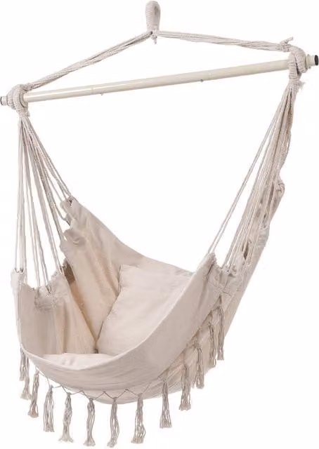 Livingandhome White Boho Egg Garden Canvas Hammock Swing Chair with Metal Stand and Cushions