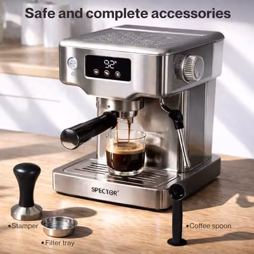 Spector Ultra Espresso Machine in Silver with LCD Touch Display, 20 Bar Pressure, Milk Frother and Removable Water Tank – 7