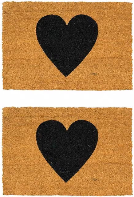 Nicola Spring Coir Door Mats with Black Heart Design, Pack of 2, Brown, W: 60 cm, D: 40 cm