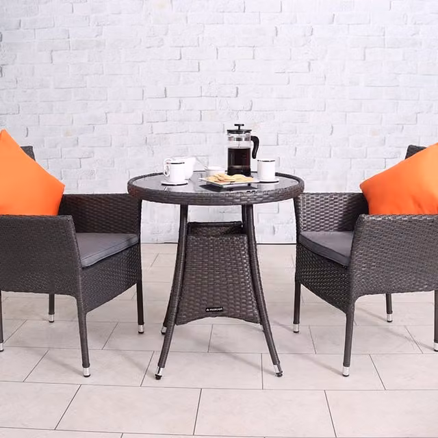 Royalcraft Malaga 3 Piece Round Bistro Set in Slate Grey with Cushions, H73 x W70 x L70 cm – 1