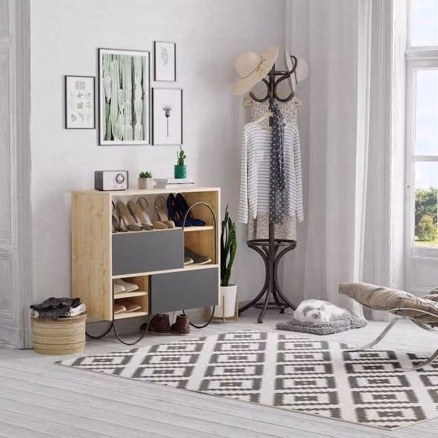 FORGEVIO Modern Shoe Storage Cabinet Sideboard in Natural Oak and Anthracite Grey with 2 Drawers – 1