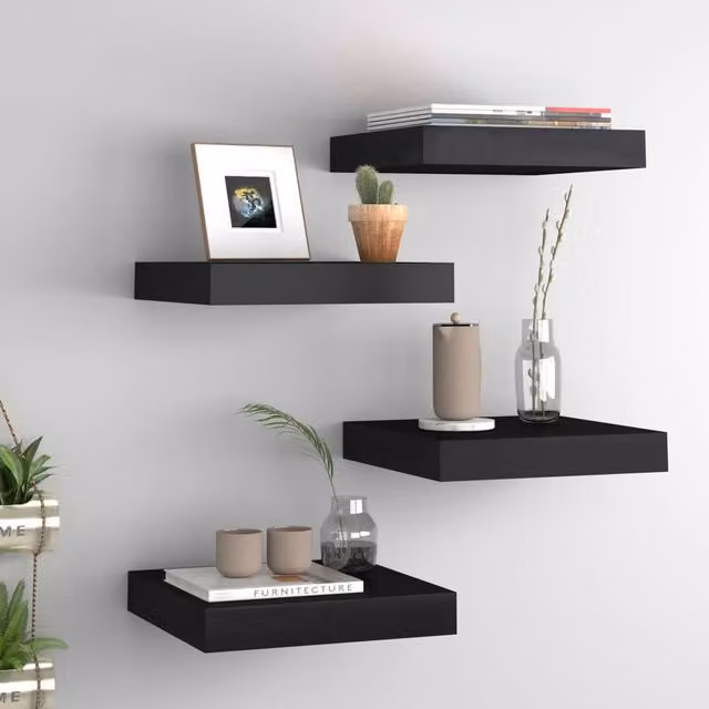 Berkfield Home Set of 4 Black Floating Wall Shelves, W/D/H: 23 x 23.5 x 4 cm
