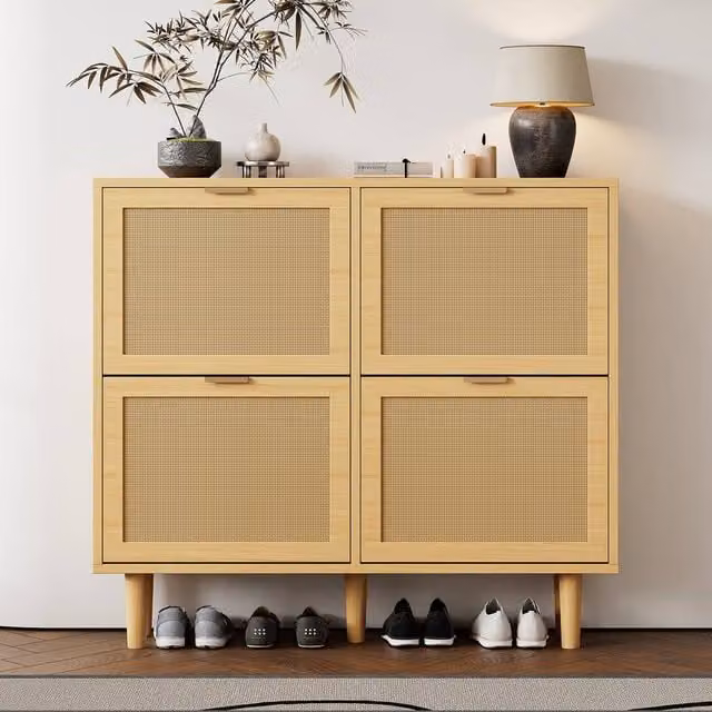 Merax Rattan Shoe Storage Cabinet in Light Oak with 4 Tilting Compartments and Adjustable Shelves – 1
