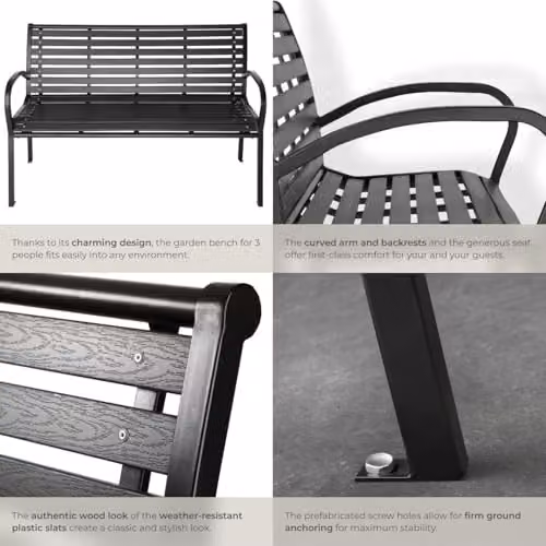 tectake 3 Seater Garden Bench with Powdered Steel Frame and Slats in Black – 5