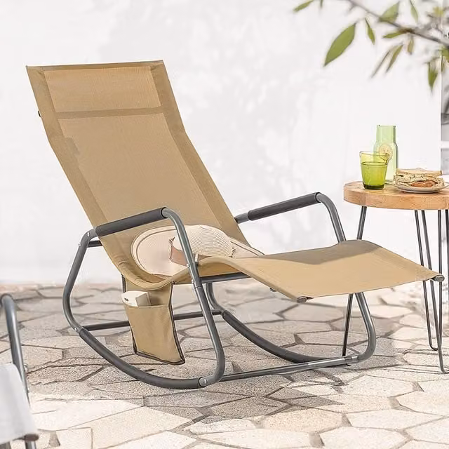 SoBuy Beige Rocking Sun Lounger Recliner Chair with Textilene Fabric and Powder Coated Steel Frame