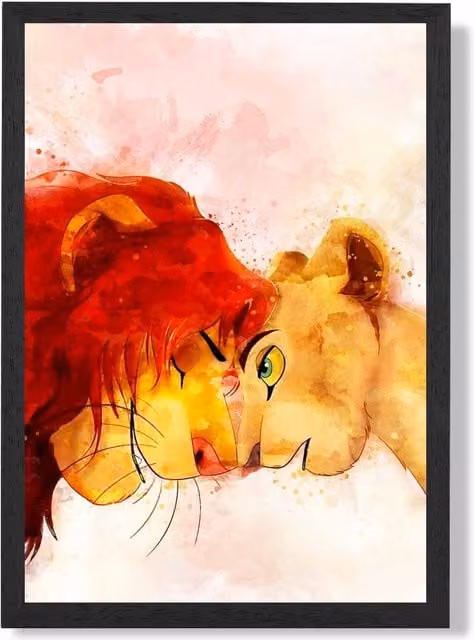 ARTZE Simba and Nala Lion King Watercolour Framed Print, Multicolour, Black Frame – 1