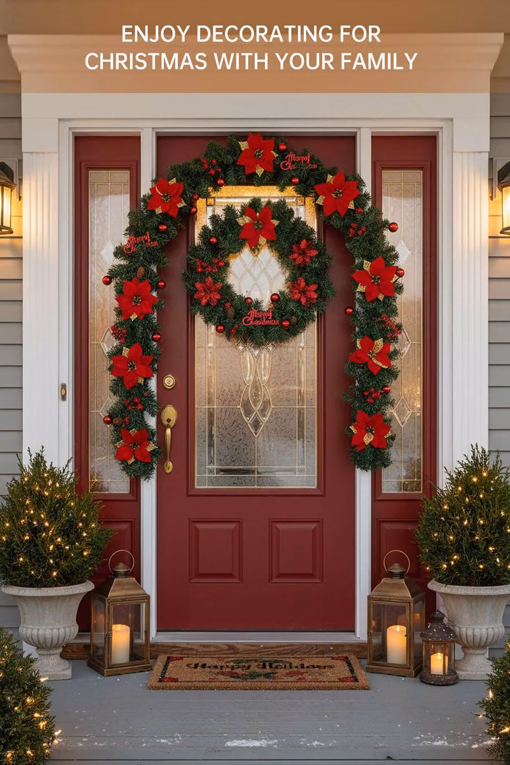 Living and Home 2.7m Christmas Garland with Red Poinsettia and Merry Christmas Sign – 1