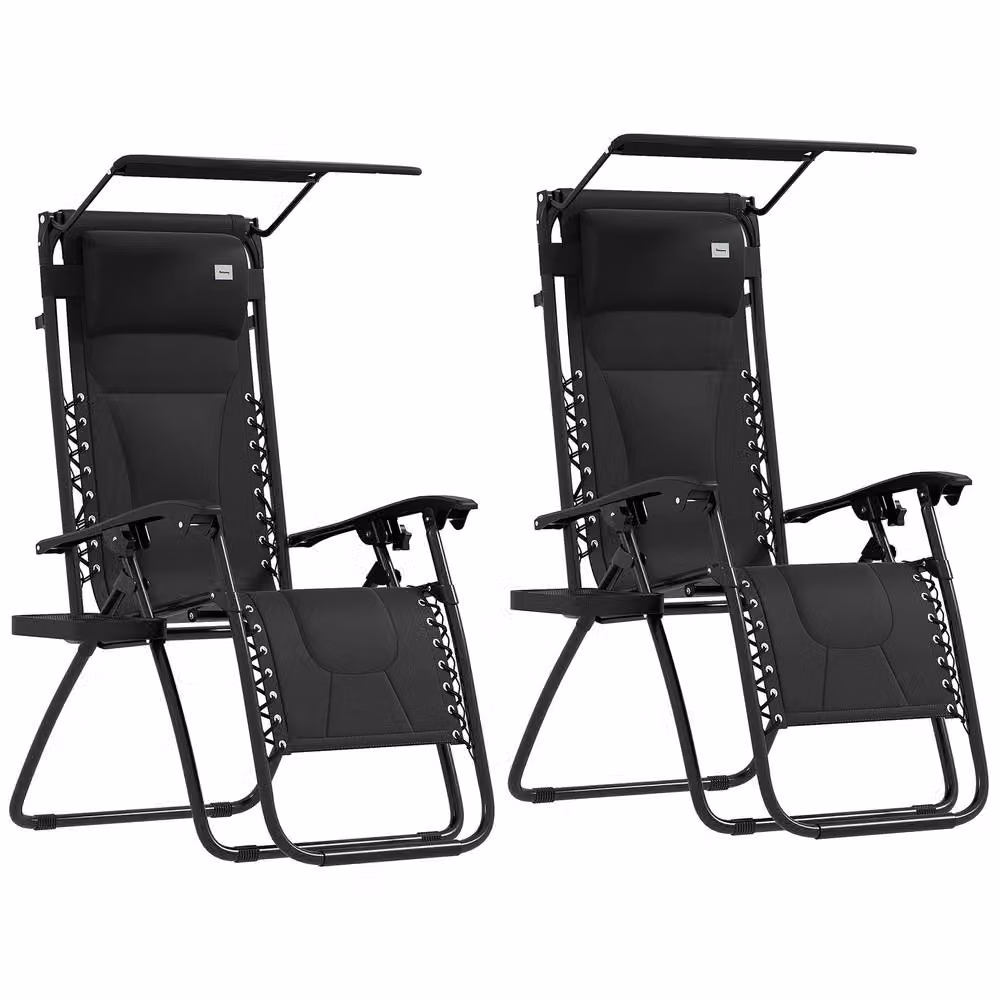 ERGOVEXA Set of 2 Zero Gravity Lounger Chairs in Black with Sun Canopy, Adjustable Headrest and Side Tray – 3