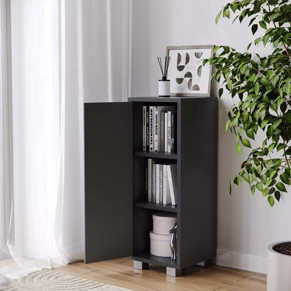 Havendro Modern Black Wooden Corner Storage Cabinet with Hinged Door and Internal Shelves – 4