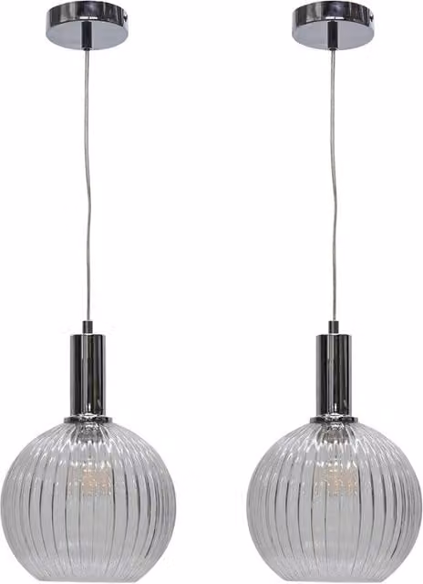 First Choice Lighting Betchley Set of 2 Chrome Deco Pendants with Transparent Ribbed Glass Globes