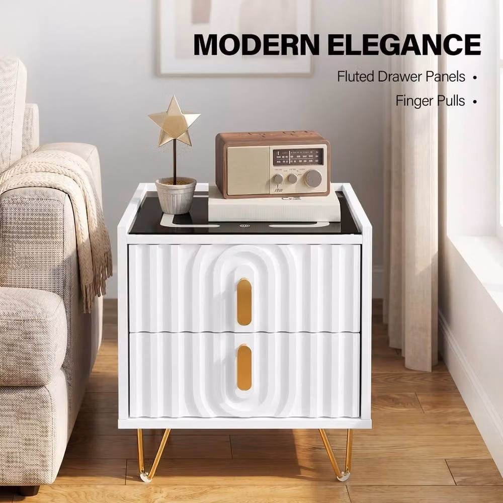 NESTLUNE Modern Smart Bedside Table with Light and Wireless Charging in White – 4