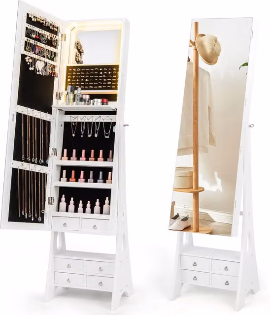 COSTWAY White Freestanding Lighted Jewelry Armoire with LED Lighting, Mirror and Internal Drawers