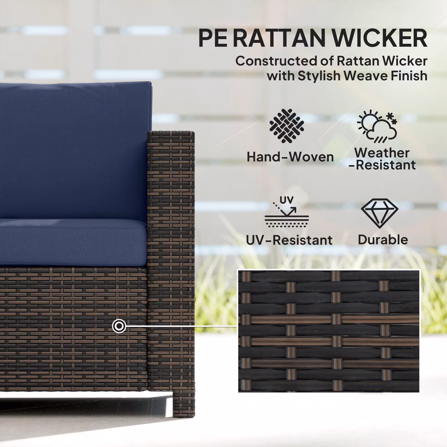 Outsunny 3 Seater Rattan Sofa with Powder Coated Steel Frame and Fire Resistant Blue Cushions – 4