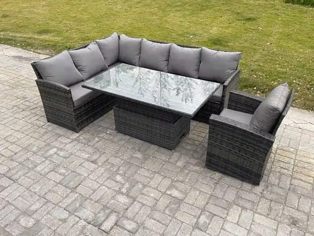 Fimous Dark Grey Mixed Wicker PE Rattan Garden Furniture Set with Height Adjustable Rising Lifting Table and Armchair
