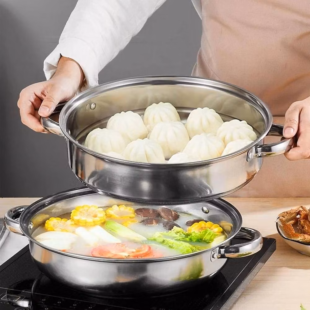 VOGREX 3-Tier Stainless Steel Steamer Pan with Glass Lid, Silver, 28 cm – 3
