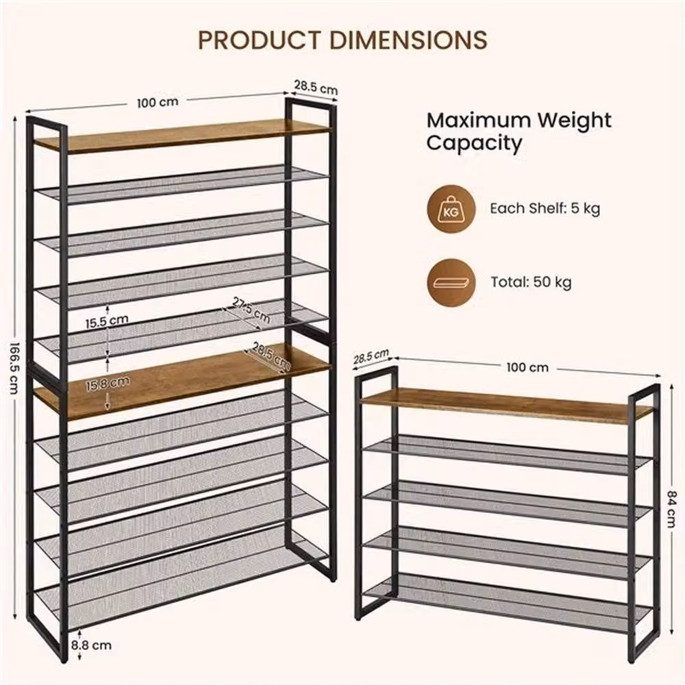 KORVIXA 10-Tier Stackable Industrial Shoe Rack in Brown and Black Metal and Wood, H 166.5 x W 100.0 x D 30.0 cm – 2