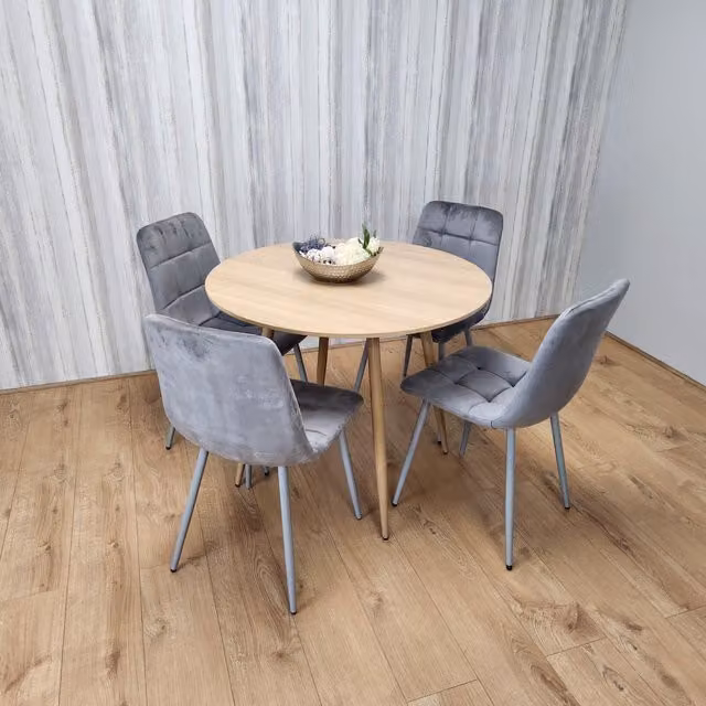 Kosy Koala Round Oak Effect Dining Set with 4 Grey Velvet Tufted Chairs