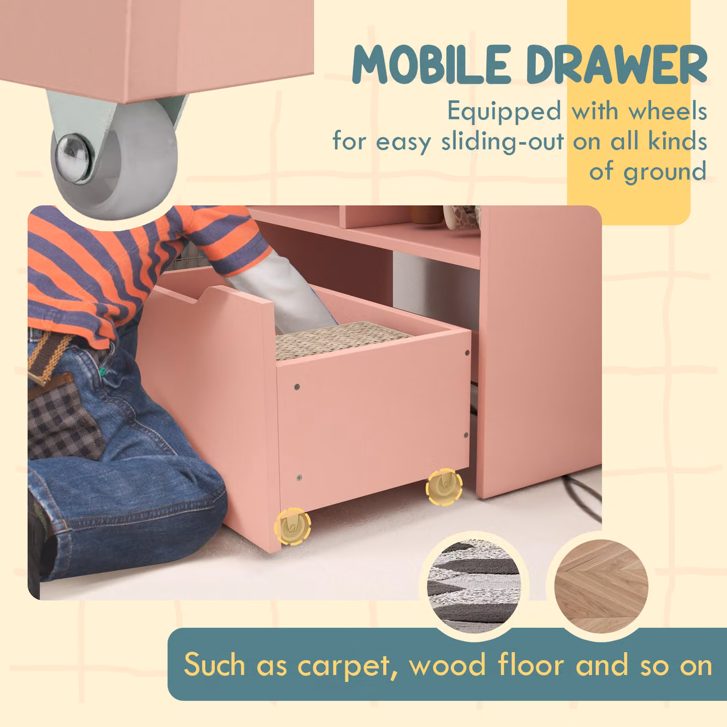 HOMCOM Kids Bookshelf and Toy Organiser with Storage Drawer and Wheels, Pink – 2