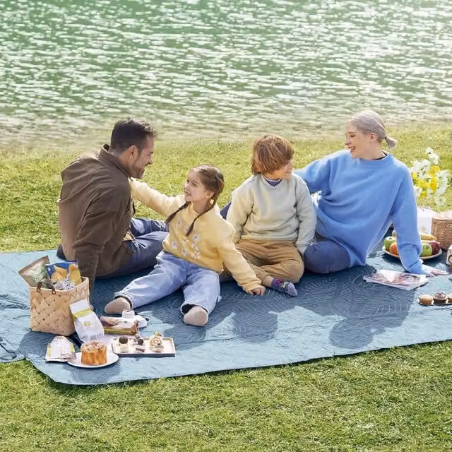 The Bazaarist Waterproof Foldable Picnic Mat with Pegs, Blue Floral Pattern