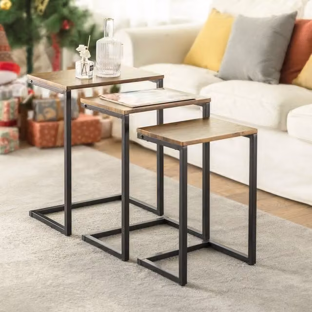 SoBuy Set of 3 Nesting Coffee Tables in Brown and Black Industrial Style