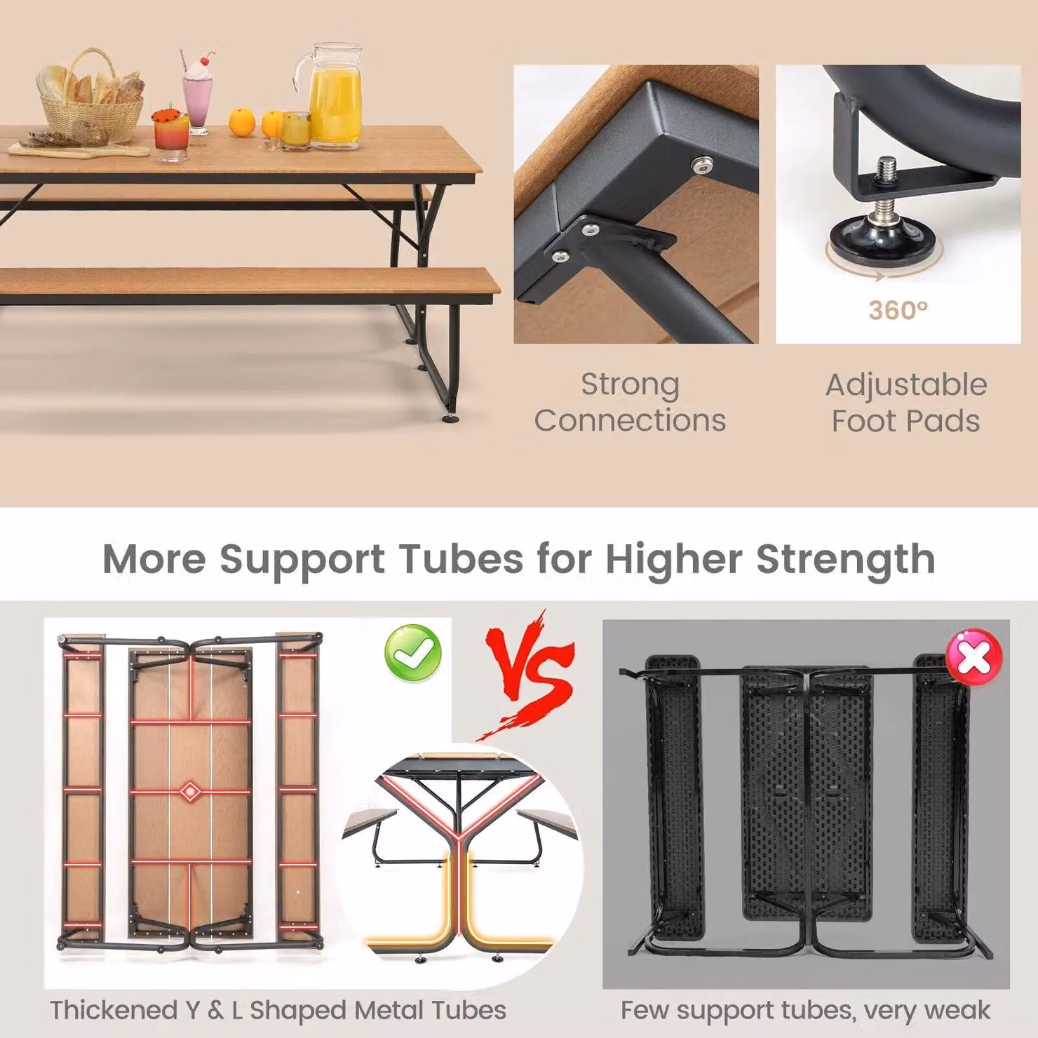 Costway Outdoor Picnic Table and 2 Benches Set with Umbrella Hole, Brown – 3