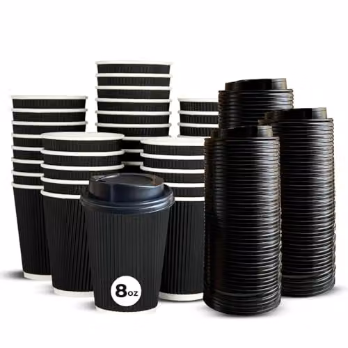 ECONX 500 x 8oz Black Ripple Disposable Insulated Triple Wall Kraft Paper Coffee Cups with Lids – 1