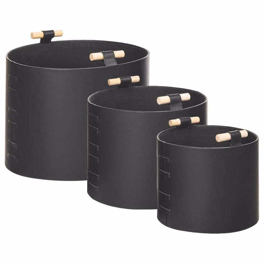 Wyld and Coco Set of 3 Black Faux Leather Storage Baskets with Handles – 2