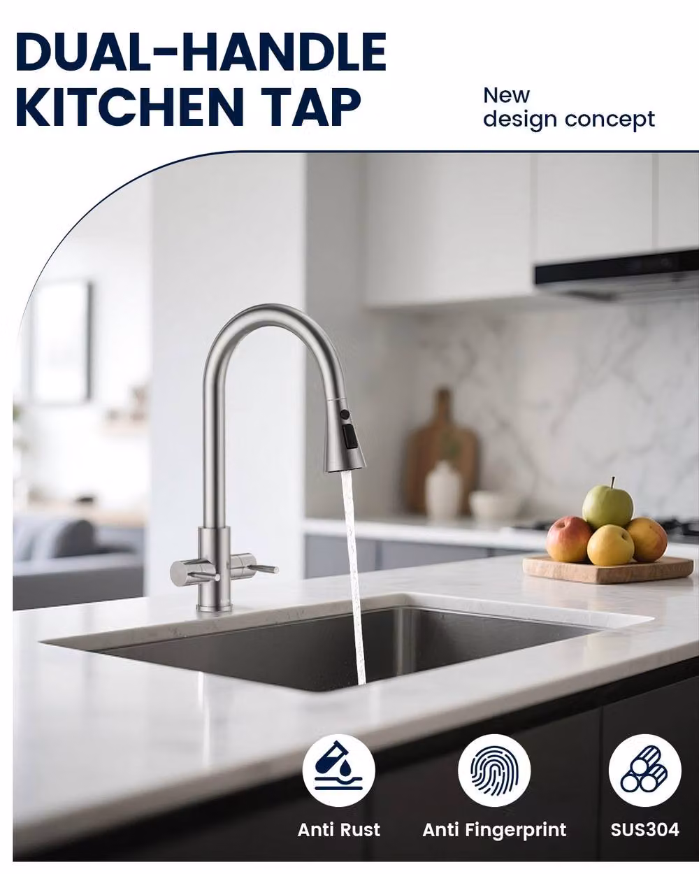 Dayone Dual Lever Kitchen Tap with 360 Degree Swivel Spout and Pull Out Spray in Brushed Silver Stainless Steel – 5