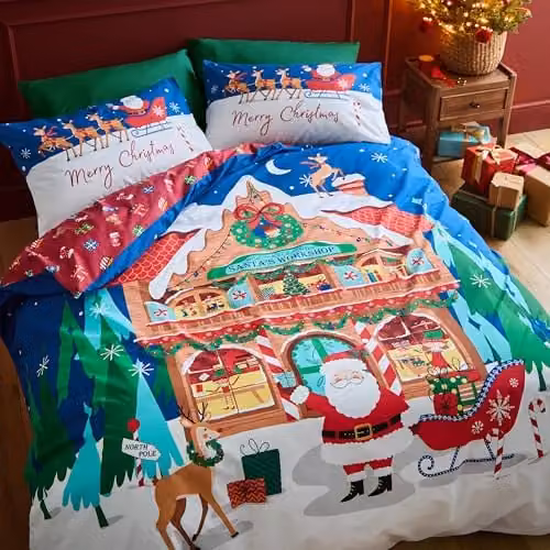 Catherine Lansfield Christmas Santa's Workshop Reversible Duvet Cover and Pillowcase Set, Multicolour, W/D/H: 180 x 200 cm, Pillowcases: 50 x 75 cm – 1