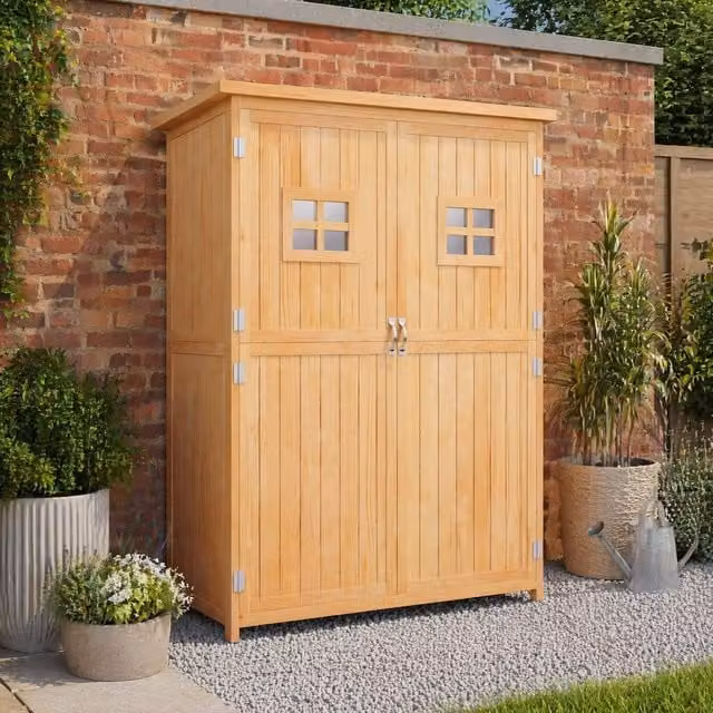 STILVORA Rustic Wood Garden Storage Cabinet with Glass Doors and Internal Shelves in Brown and Sand, H: 164.0 cm, W: 119.0 cm