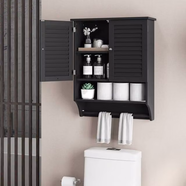 Costway Wall-mounted Black Bathroom Cabinet with Double Hinged Doors and Internal Shelves – 1