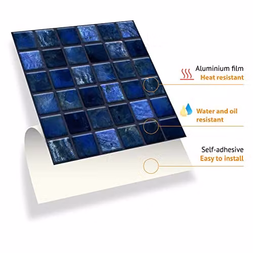 WALPLUS Pearl Noir Blue Geometric Mosaic Tile Stickers, 24 Pack, W/D/H: 15 x 15 x 0.54 cm – 7