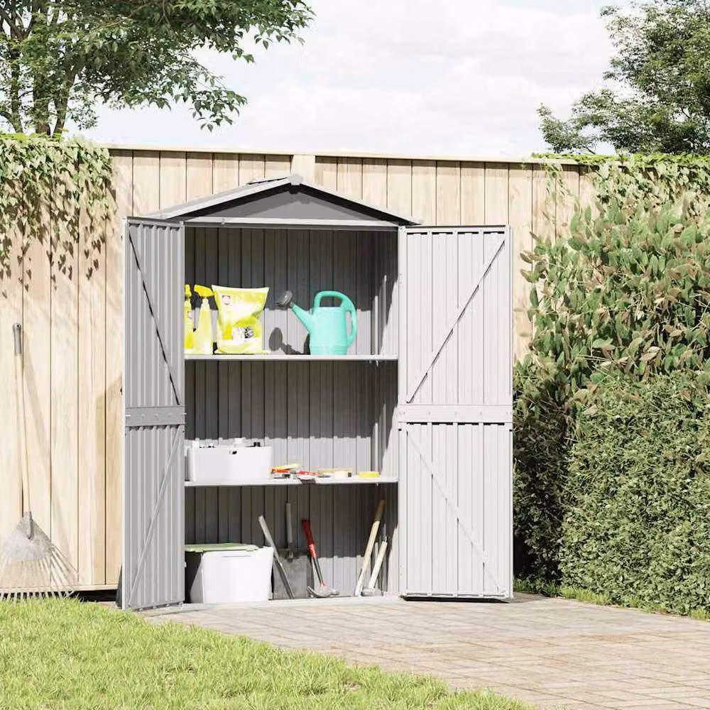 Berkfield Home Grey Galvanised Steel Tall Garden Cabinet with Double Doors and Shelving, W/D/H: 116 x 45 x 175 cm – 2