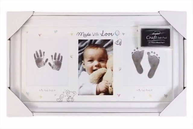 KDMD Hugs & Kisses Hand & Foot Print Photo Frame, White and Grey, Rectangular Tabletop Wood and Glass Frame