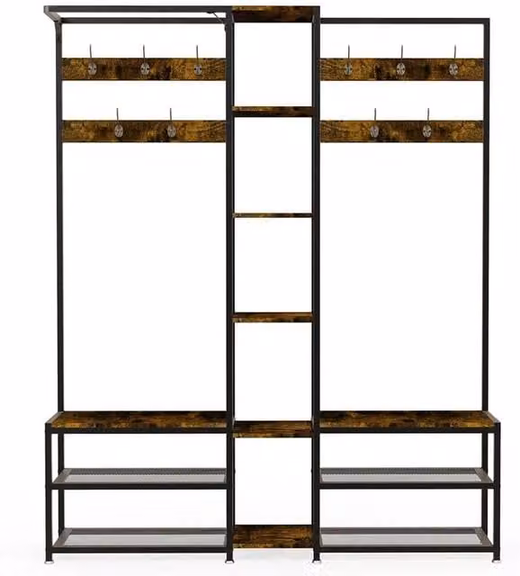 Kelvenix Large Rustic Hall Tree with Bench and Shoe Rack, Black