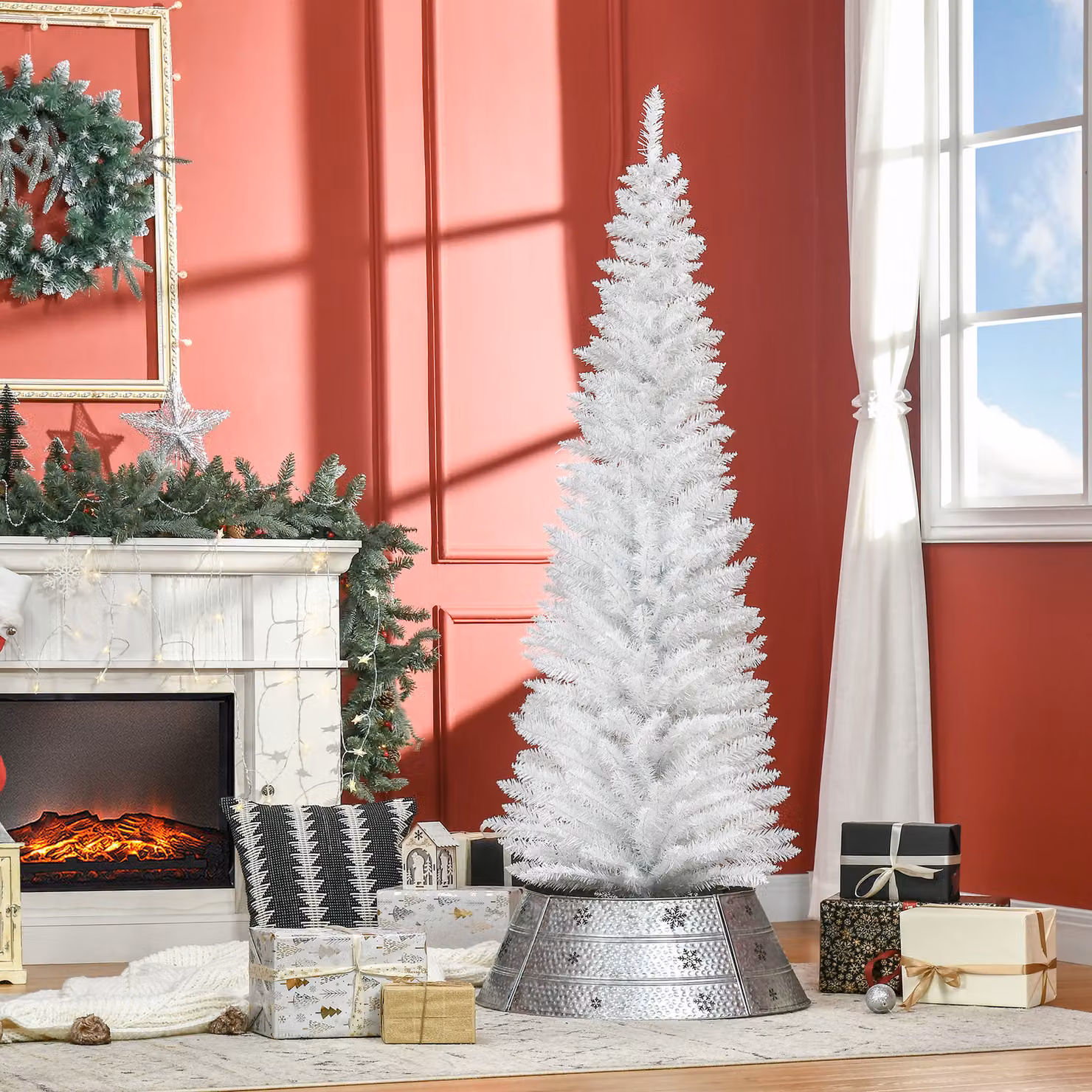 HOMCOM 1.8m Artificial Pine Pencil Slim Tall Christmas Tree in White with Stand – 2