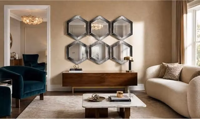 Biznest Set of 3 Gold Hexagonal Wall Mirrors with Plastic Frames, Diameter: 30 cm