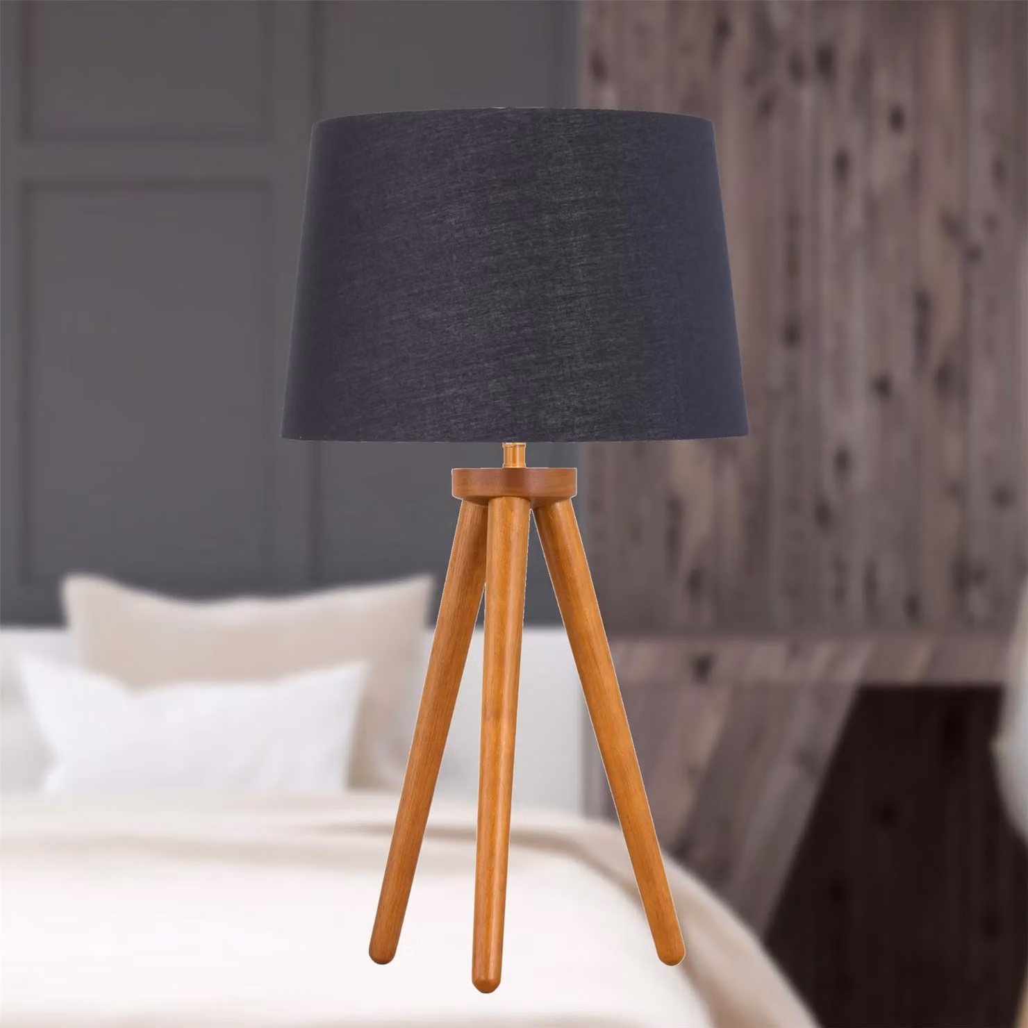 First Choice Lighting Set of 2 Dark Oak Table Lamps with Black and Gold Fabric Shades in Brown – 2