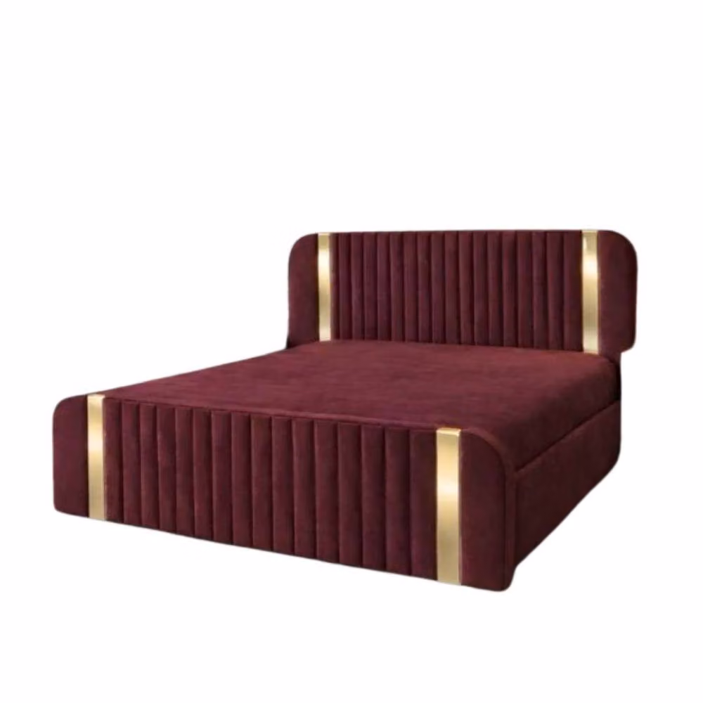 Stratus Interiors Aura Rounded Panel Ottoman Bed Frame in Burgundy Velvet with Gold Accents, W/D/H: 90 x 190 cm – 2
