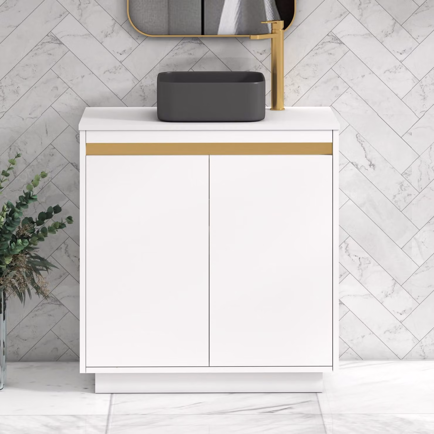 Royal Bathrooms Orion 800mm Matt White Floor Standing 2 Door Vanity Unit with Art Square Basin and Brushed Brass Accent Trim
