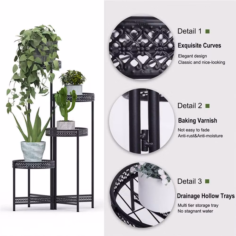 Living and Home 4-Tier Rotating Metal Plant Stand Display Shelf in Matt Black – 4
