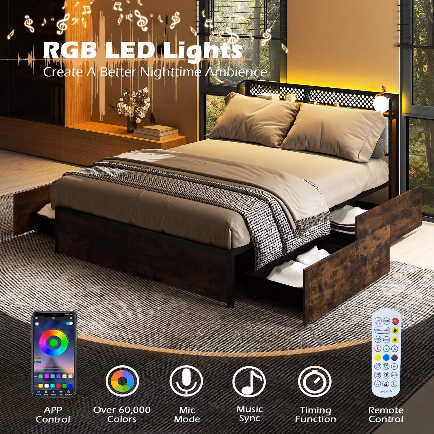 Costway Double Bed Platform Bed with LED Lights, USB Charging Ports and Drawers in Brown, W/D/H: 140 x 200 cm – 8